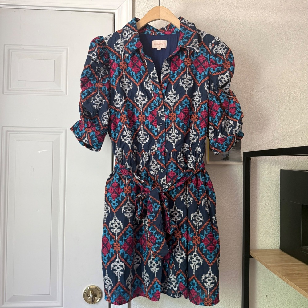 CIEBON navy embroidered tribal short sleeve belted button‎ up mini shirt dress